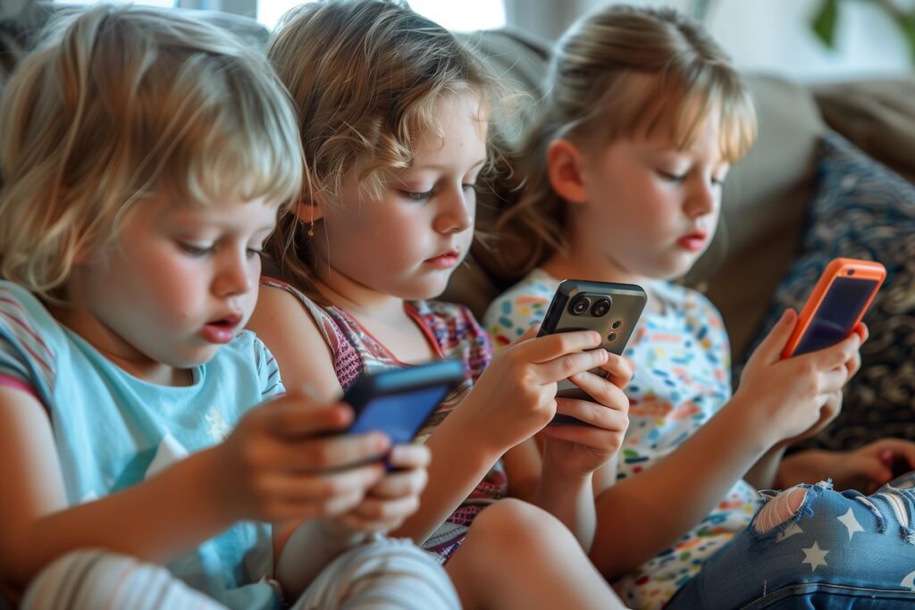 Семинар для родителей, посвященный влиянию времени, проведенного за экраном, на развитие и поведение ребенка. Три маленькие девочки с удовольствием сидят на диване, каждая погружена в экран своего телефона, возможно, обмениваясь снимками или просто весело проводя время, исследуя цифровой мир.