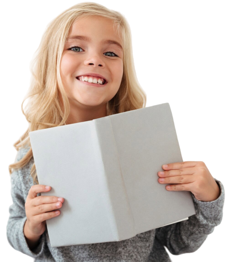 a cheerful little girl in gray pajamas holding a book while sitting in her bedroom