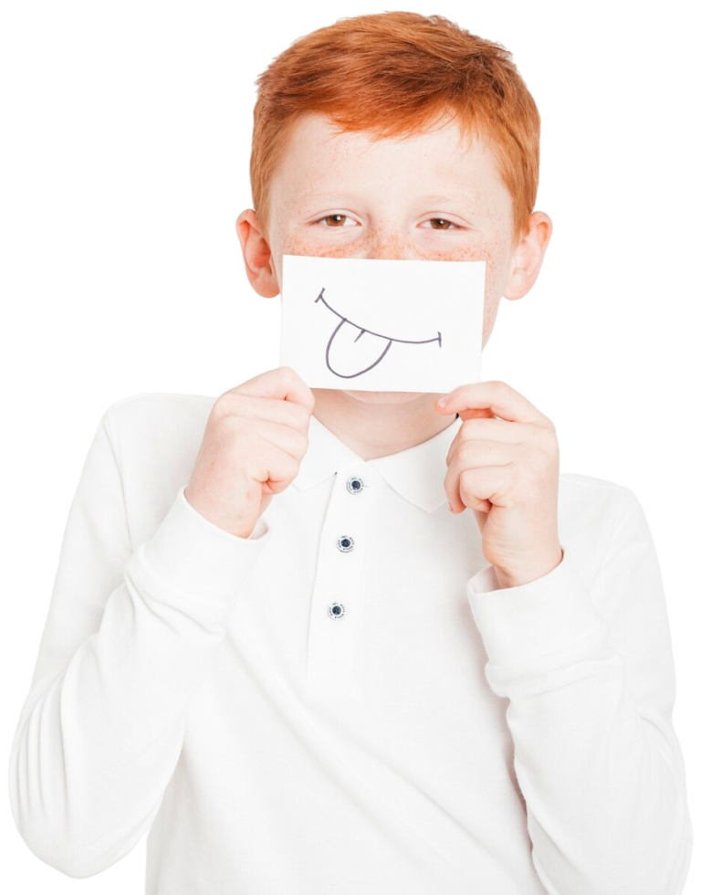 the redheaded boy holding the card face up.