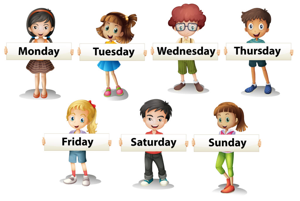 Children hold up cards with the names of the days of the week (illustration)