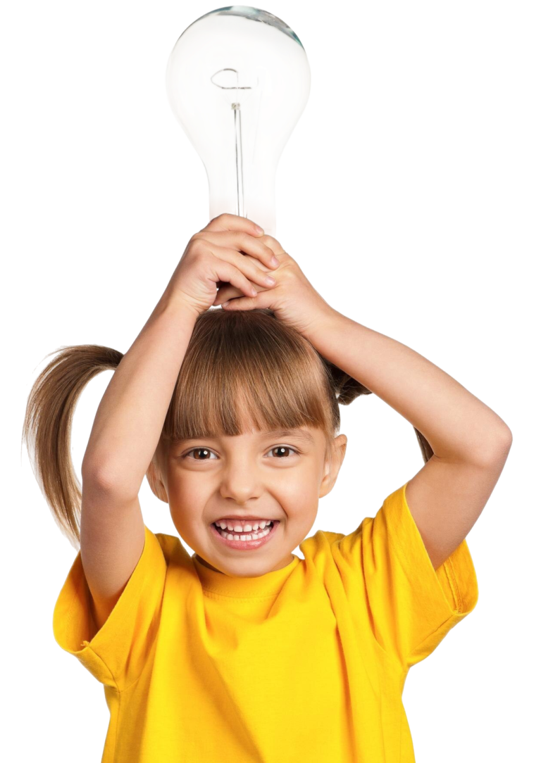 portrait of a happy little girl with a light bulb on a white background