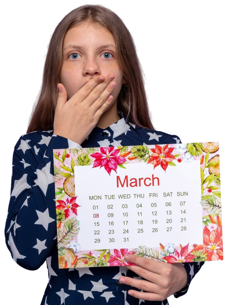scared little girl covering her mouth with her hand, beautiful little girl, happy International Women's Day, holding a calendar