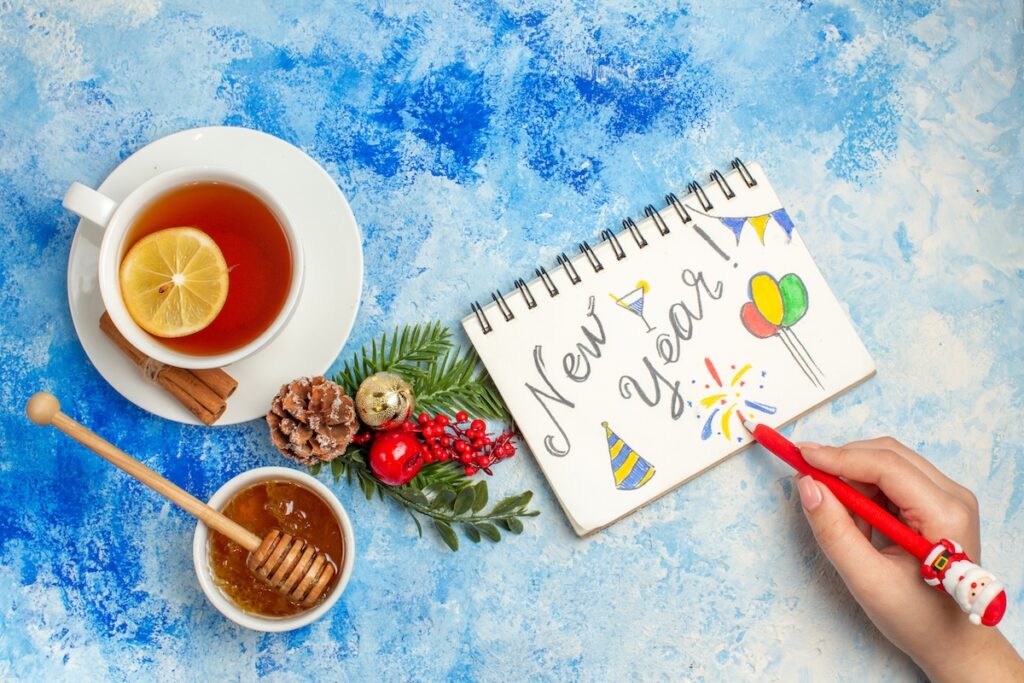 Top view: New Year written on a notepad, pen in a woman's hand, cup of tea, honey in a bowl on a blue table.