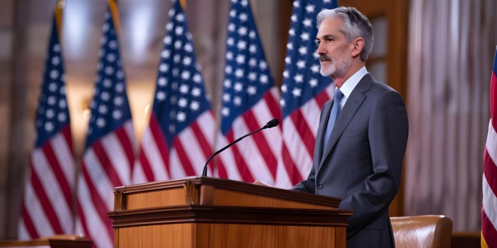 Мужчина в деловом костюме стоит за трибуной на фоне американских флагов