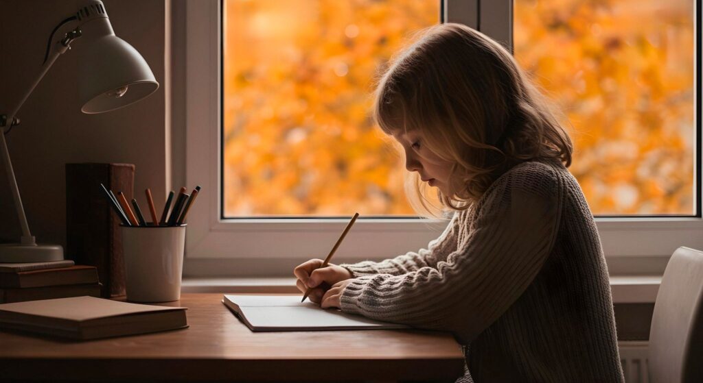 Ребенок пишет в тетради за письменным столом