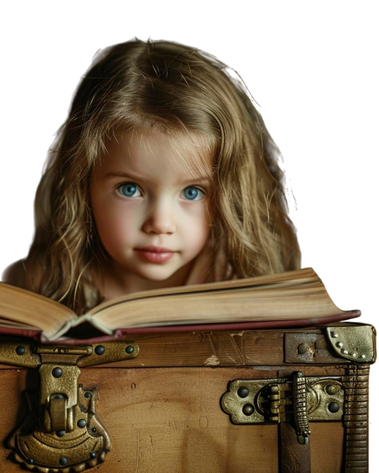 A little girl inside an ancient chest reads a book