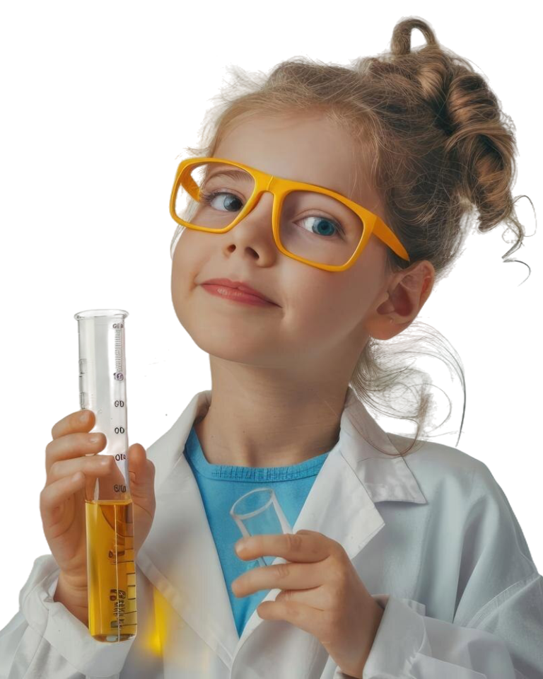 Young scientist child in a white coat with glasses holding a test tube with a curious expression, AI