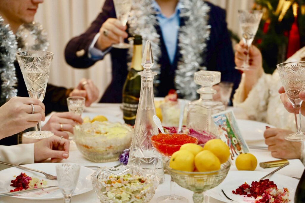 New Year's table with food and champagne