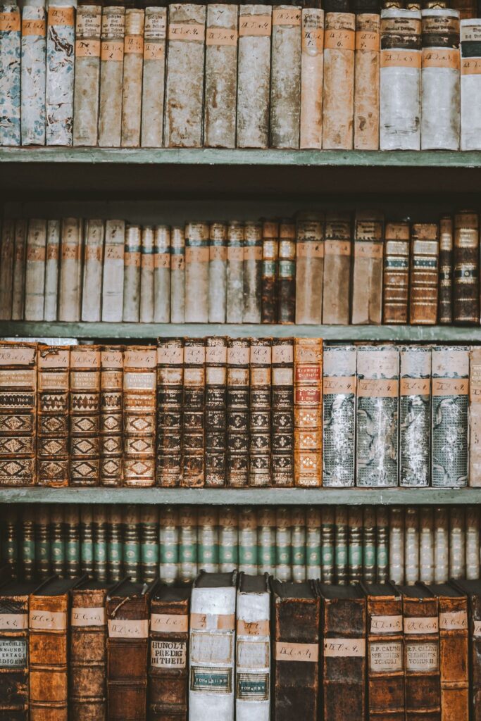 Ряд старинных книг на полке, образ книжных источников от Библии до античности
