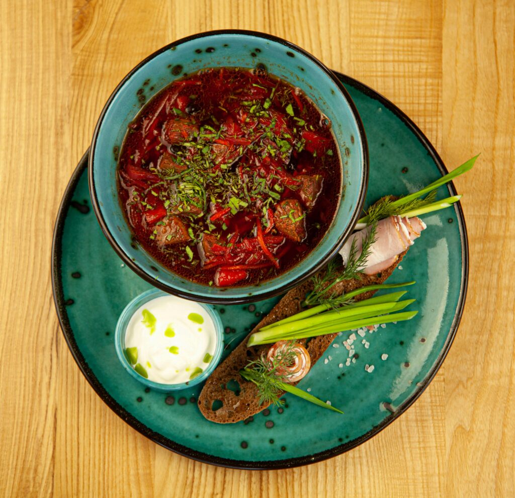 Russian borscht served
