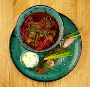Russian borscht served