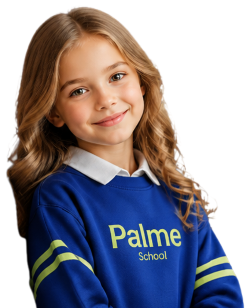 Girl in a blue Palme School hoodie