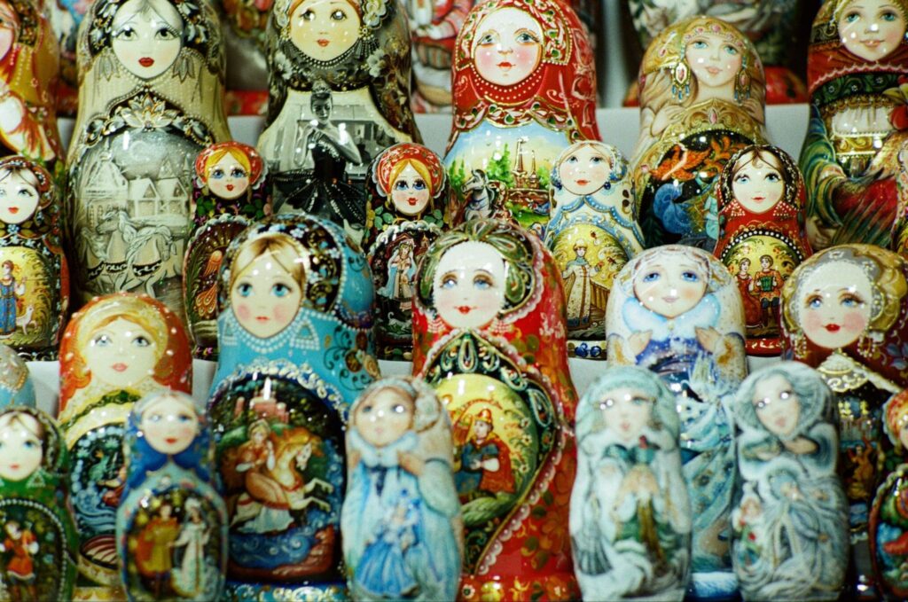 A row of painted matryoshka dolls on a counter in Moscow