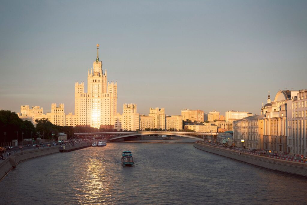 Moscow panorama with the river at sunset