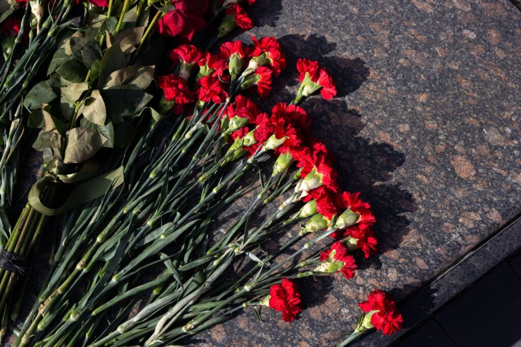 Красные гвоздики на надгробной плите
