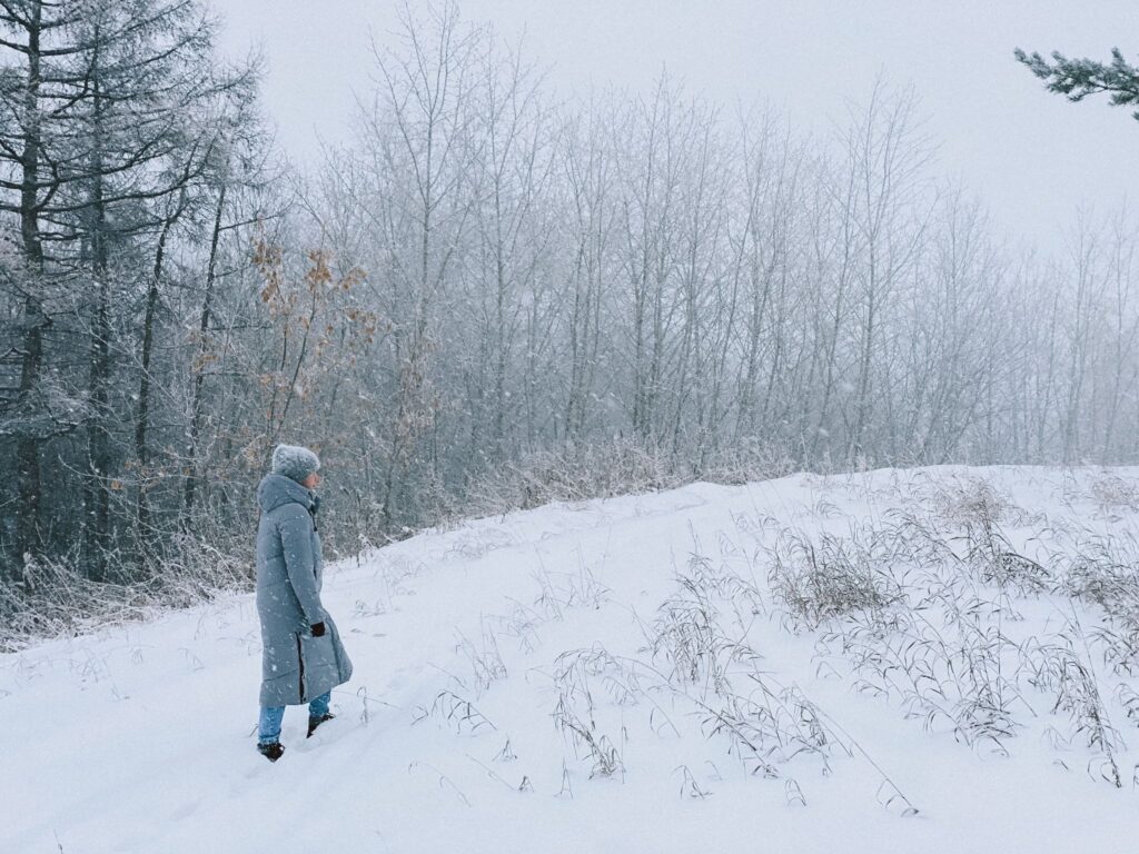 A person in winter clothes walks on snow, viewed from behind.