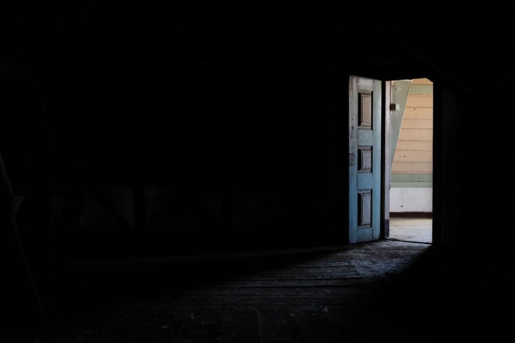 An open door in a dark room with an old floor