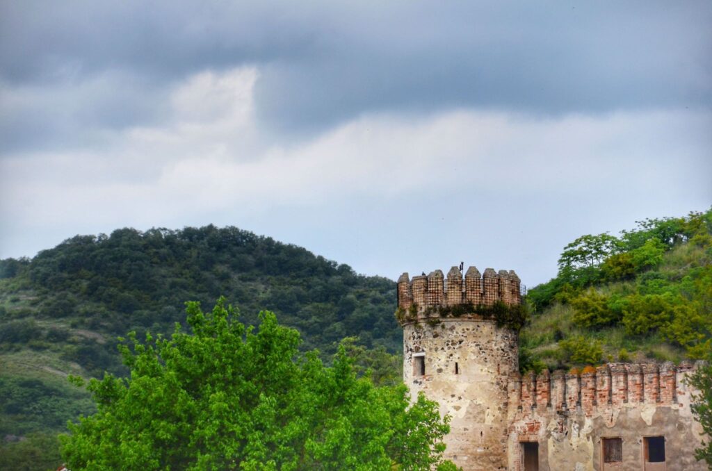 Каменная башня старинного замка среди зелени, дневной свет