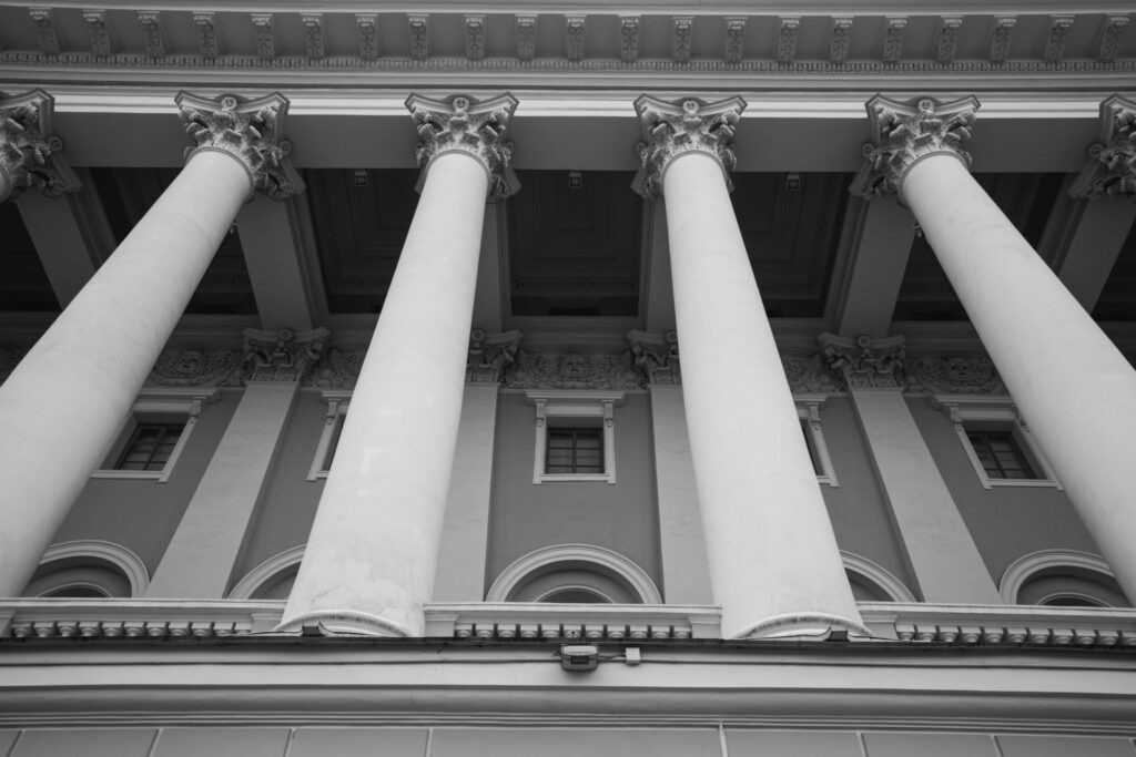 Columns of a classical building from below