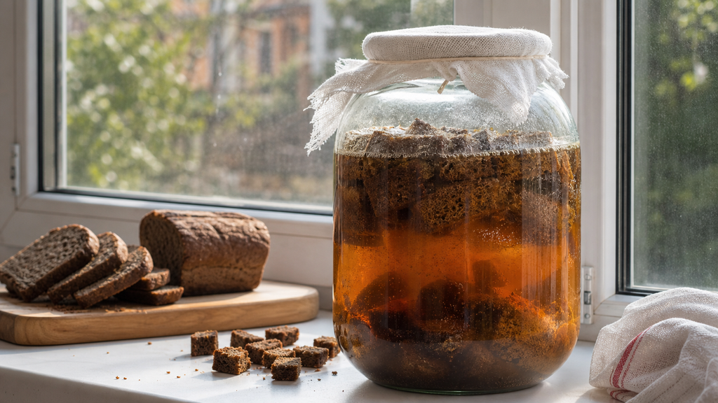 A glass jar of homemade kvass fermenting with toasted rye bread under cheesecloth on a kitchen windowsill.