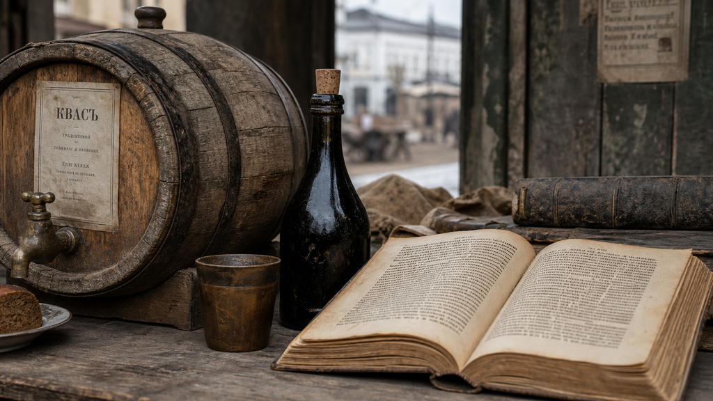 A traditional kvass barrel and drinking cup beside a corked bottle and an old Russian book, illustrating the history of kvass in 19th-century Russia.