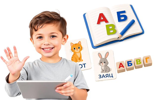 Smiling boy with Russian alphabet flashcards in an online lesson at Palme School