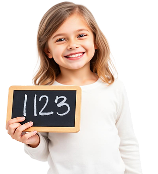 A smiling girl holding a sign with numbers - math lessons in Russian at Palme school