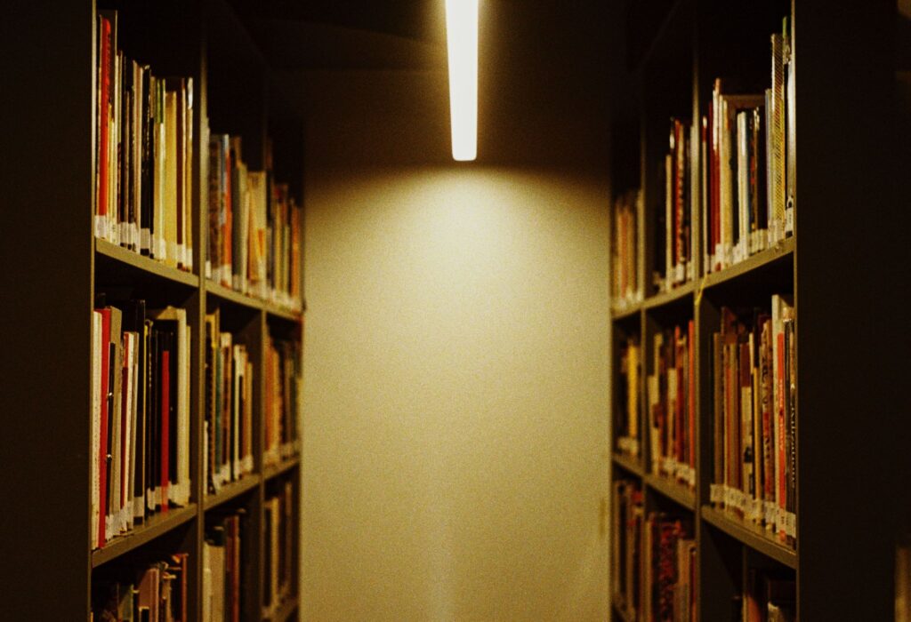 Полки с книгами в полумраке, корешки без названий
