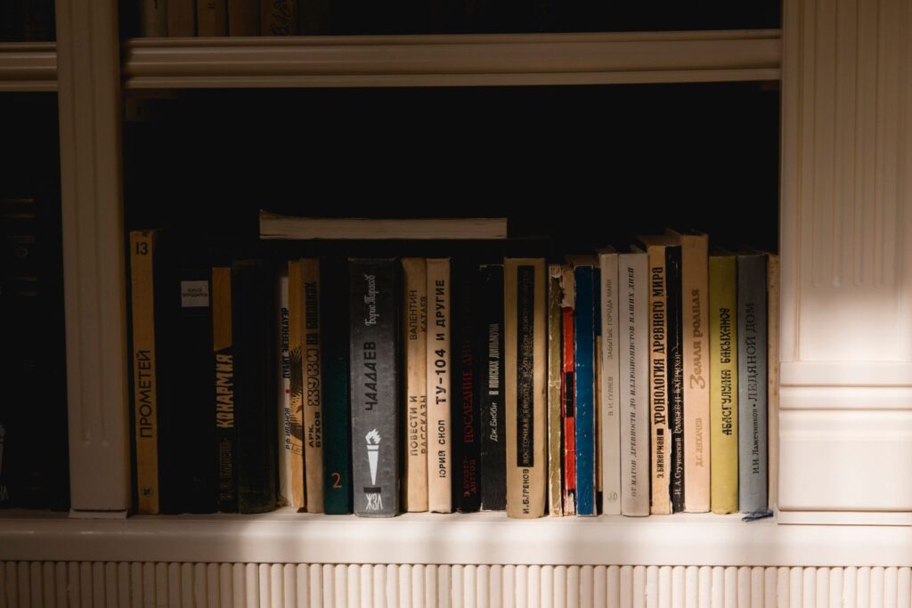 Ряды книг на полках, корешки разной высоты