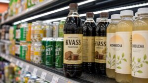 Bottle of kvass drink on an American supermarket shelf next to kombucha and ginger ale