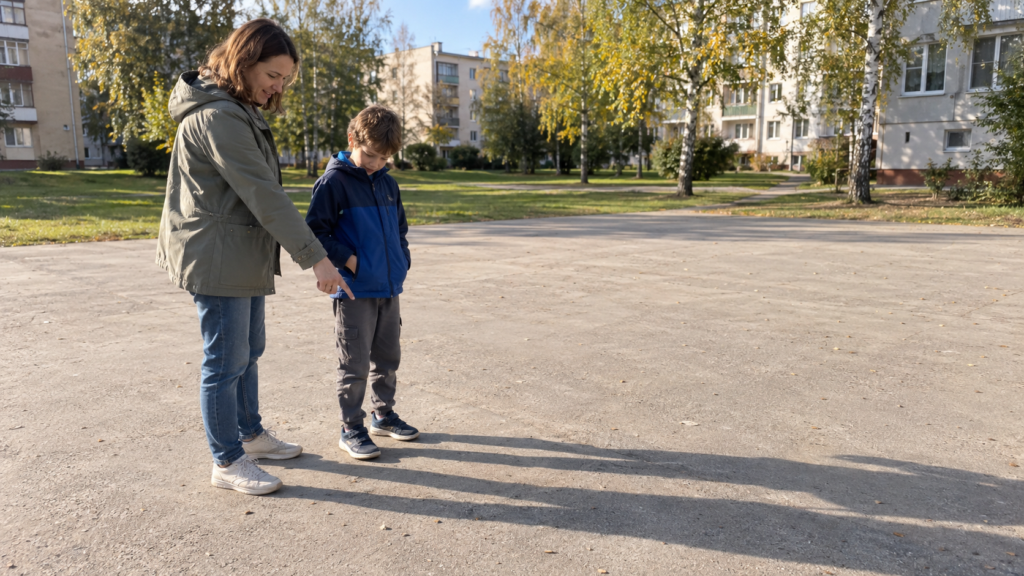 An adult shows the child shadows on the asphalt. The home geography lesson continues in the yard.