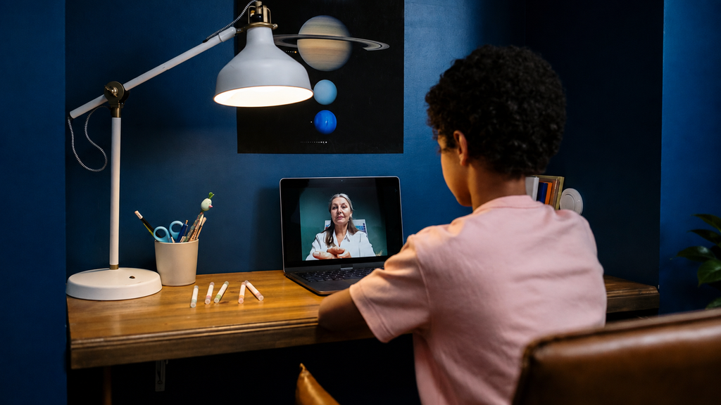 Child at home attending a small online class with other children on screen