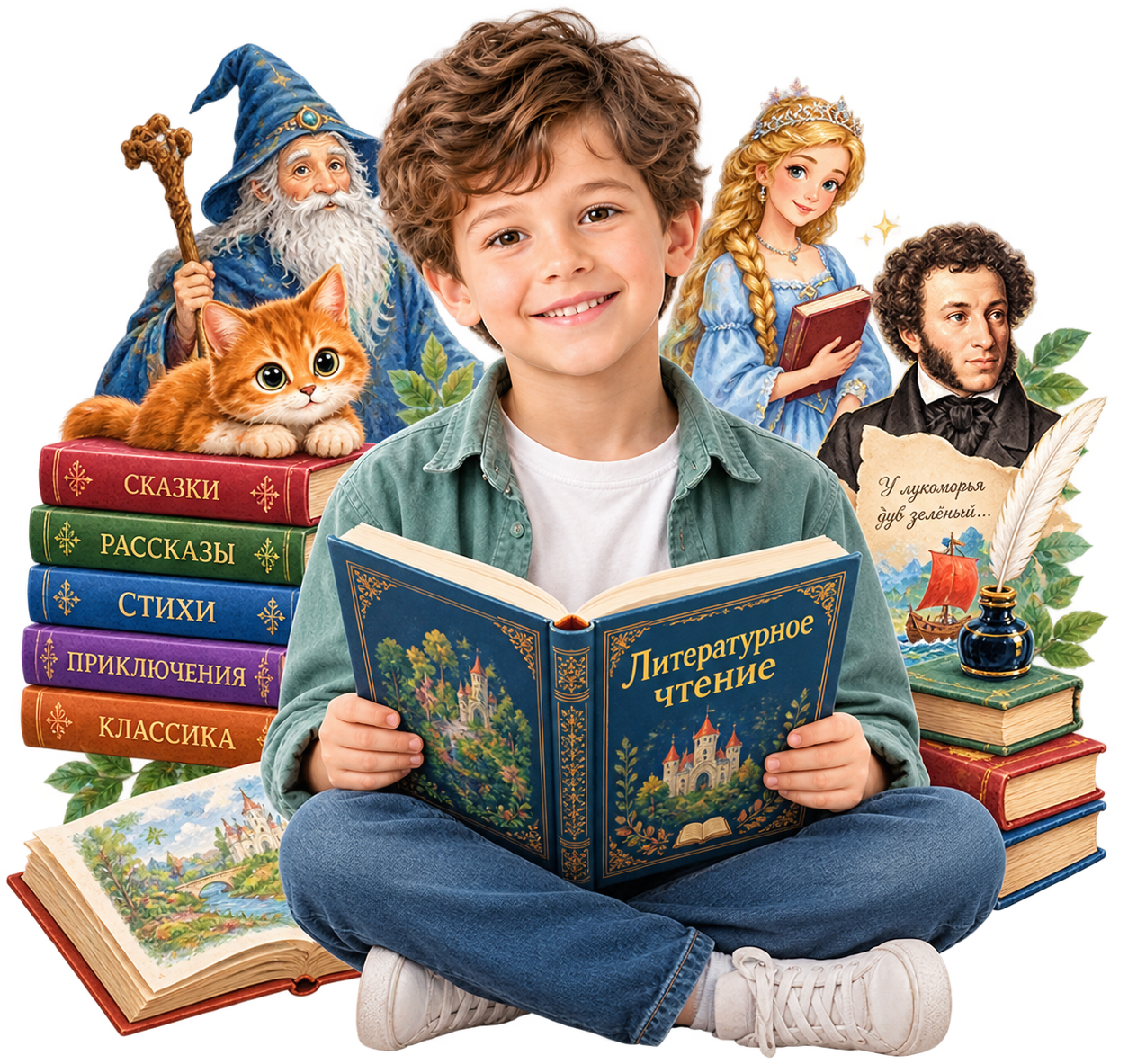A boy with a book against the background of literary characters