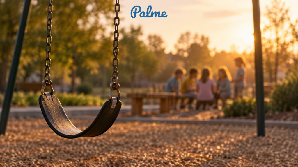 An empty swing in the foreground with a blurred group of children behind