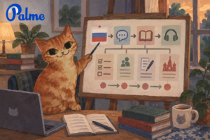 A cat presenting a structured Russian study plan on a board in a cozy learning space