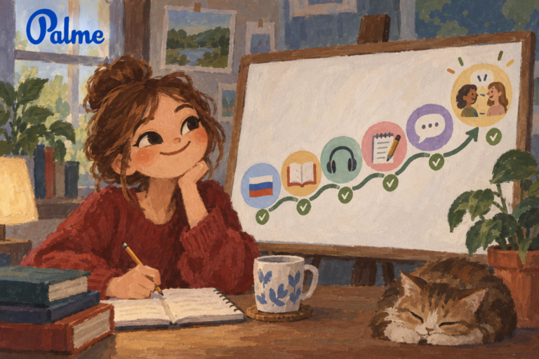A happy student following a visual six-month progress plan for learning Russian
