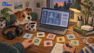 A remote worker studying Russian vocabulary at a home desk with a laptop, notes and a dog