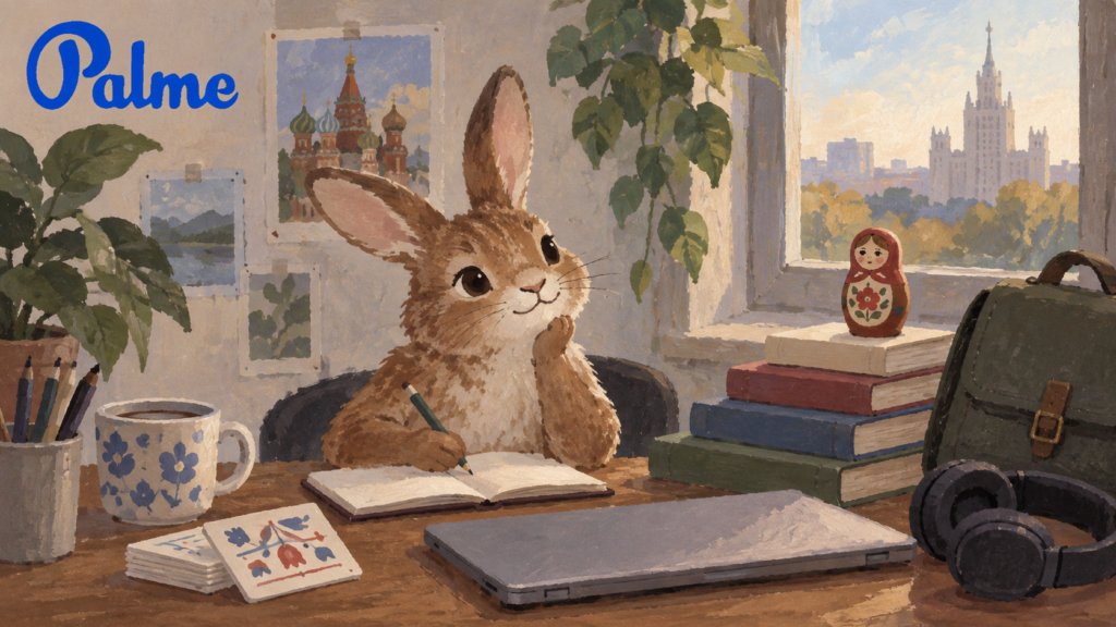 A rabbit studying Russian at a desk with books, a notebook, headphones and a work bag