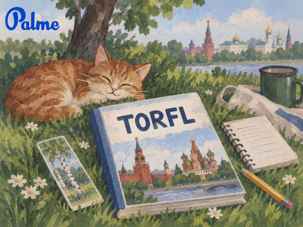 A TORFL study book on a grassy lawn with a notebook, pencil and a sleeping cat nearby
