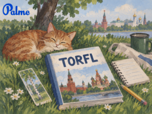A TORFL study book on a grassy lawn with a notebook, pencil and a sleeping cat nearby