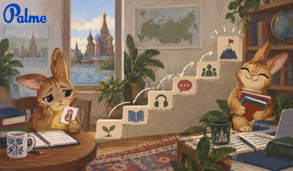 A rabbit shown at two stages of Russian learning, from discouraged beginner to confident advanced learner