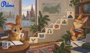 A rabbit shown at two stages of Russian learning, from discouraged beginner to confident advanced learner