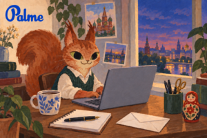A squirrel writing professional emails in Russian at a cozy evening desk