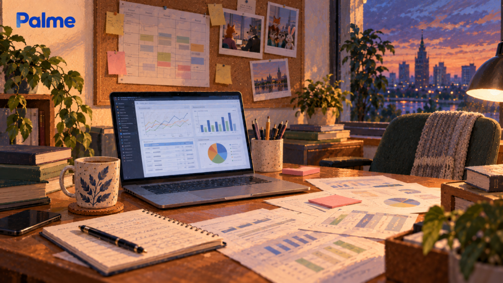 A computer with charts and tables on a desk covered with papers, with a schedule and colleague photos on the wall