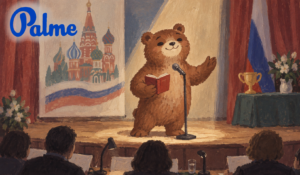 A confident bear speaking on stage during a Russian language competition