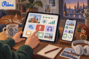 A student comparing Russian learning apps on a tablet and smartphone