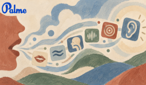 An abstract illustration showing sound moving from the mouth to the ear through waves and phonetic symbols
