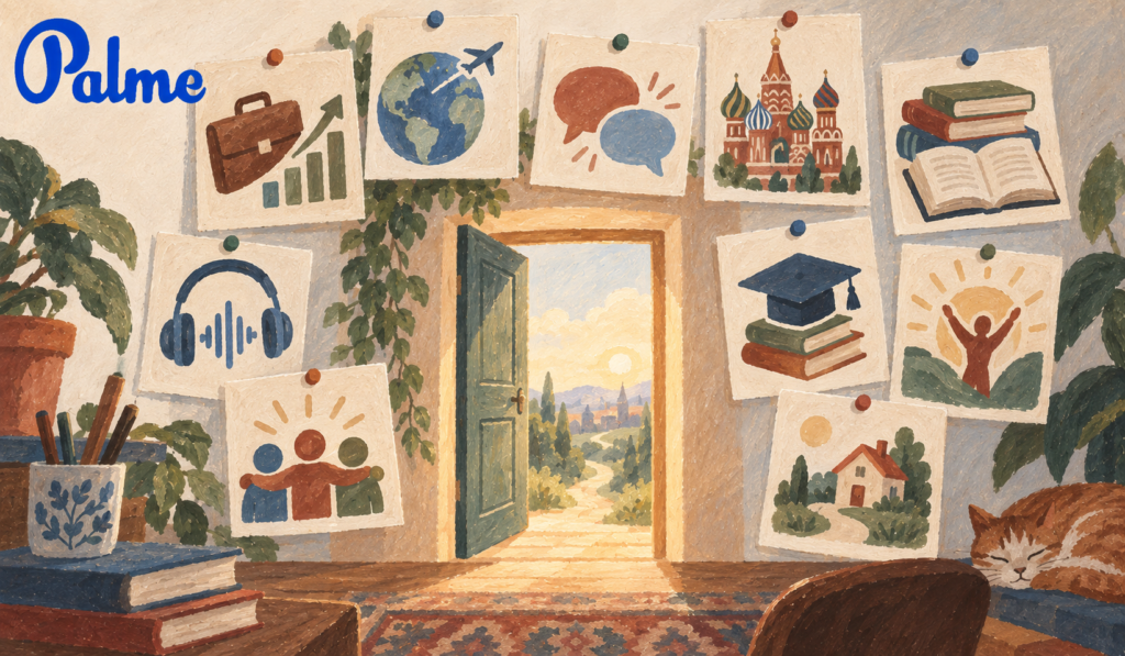 An open door surrounded by visual symbols of career, travel, culture, education and communication