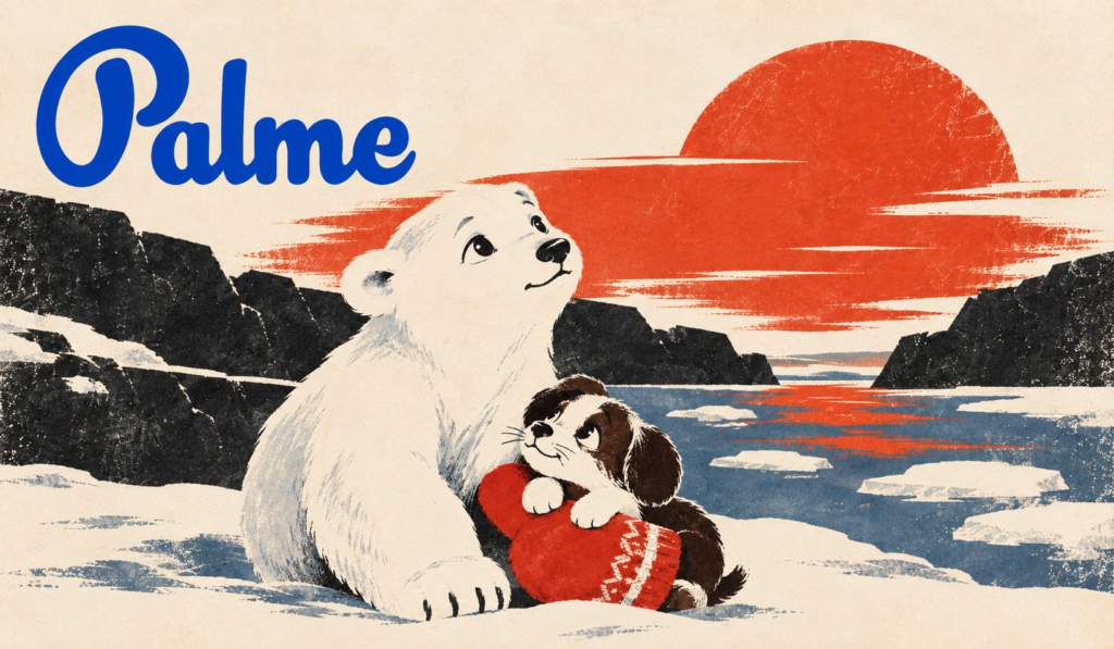 Umka polar bear cub and Varezhka puppy in a calm Arctic landscape, illustrated in a vintage Soviet poster style