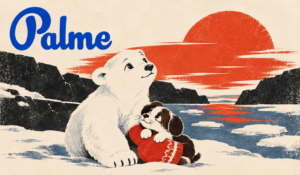 Umka polar bear cub and Varezhka puppy in a calm Arctic landscape, illustrated in a vintage Soviet poster style